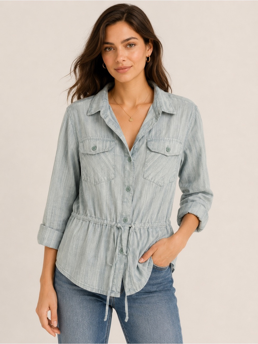Columbia Button Down Blouse with Drawstring